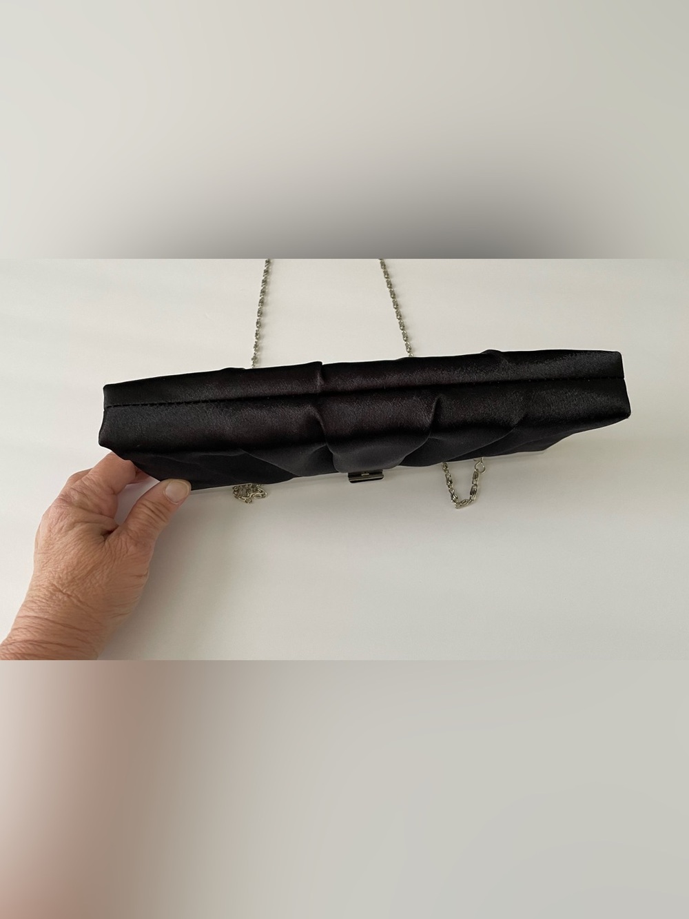 Jessica McClintock Black Satin frame Clutch with Chain - Picture 4 of 7